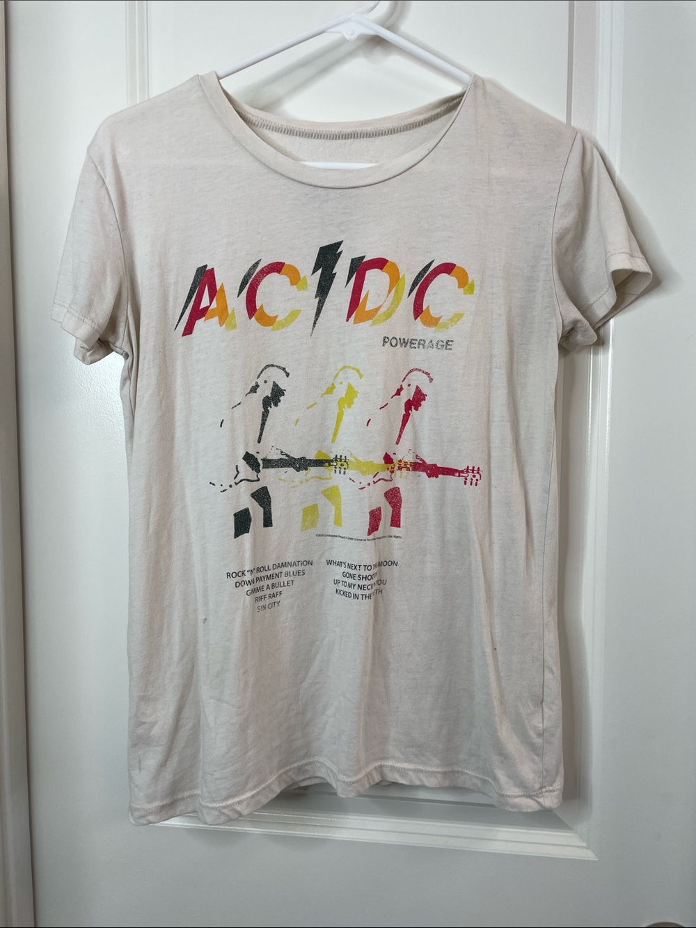 AC/DC Powerage Graphic Tee in Cream with Red, Yellow, Black Print